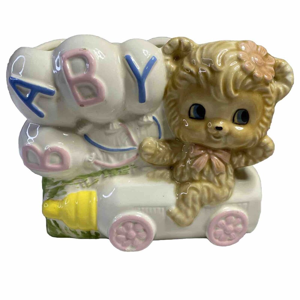 VTG Anthropomorphic Baby Bear  Planter Train Balloon Japan‎ Kitschy Mr. Ceramics